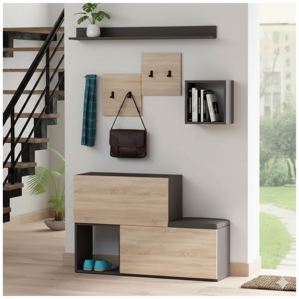 Modern entryway with wooden storage cabinets, a padded bench, wall hooks holding a blue scarf and brown bag, a floating shelf with a white vase plant, and a wall-mounted box with books.