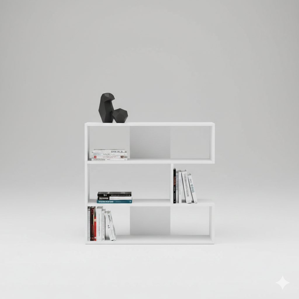 White modern bookshelf with geometric compartments holding stacked books and two black abstract bird sculptures on top.