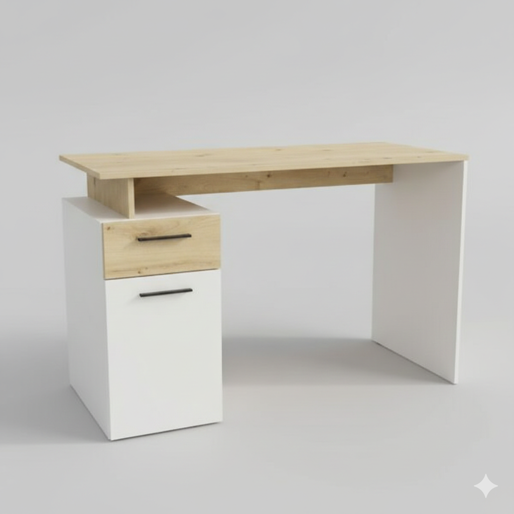 Modern writing desk with a light wood top, one wooden drawer, and a white cabinet with black handles on the left side.