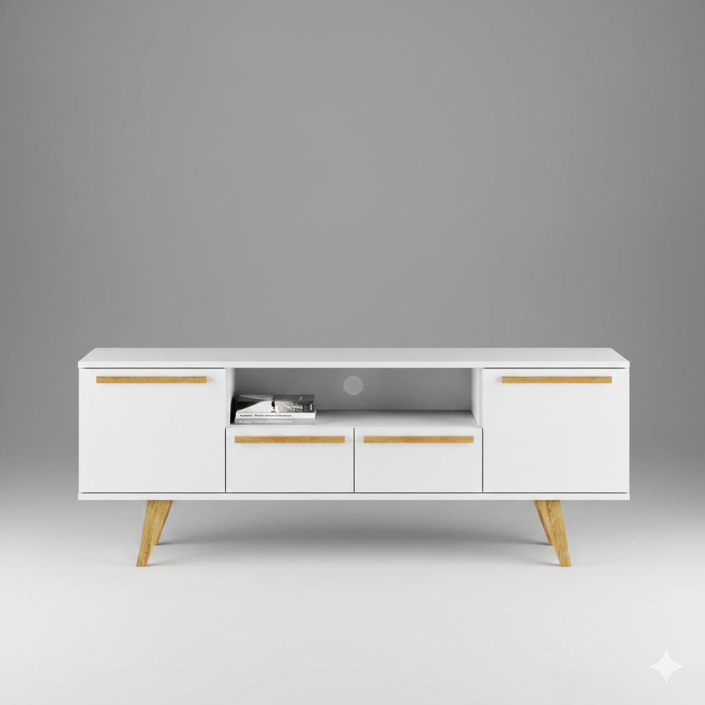 Modern white TV stand with wooden handles and angled legs, featuring two cabinets, two drawers, and an open shelf with books.
