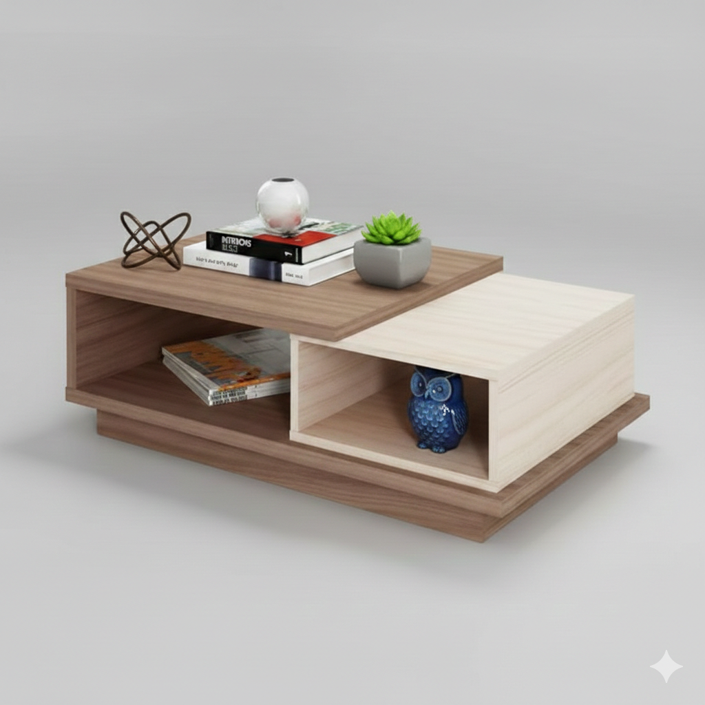 Modern two-tone wooden coffee table with open shelves, decorated with books, a small plant, a glass ornament, and a blue owl figurine.