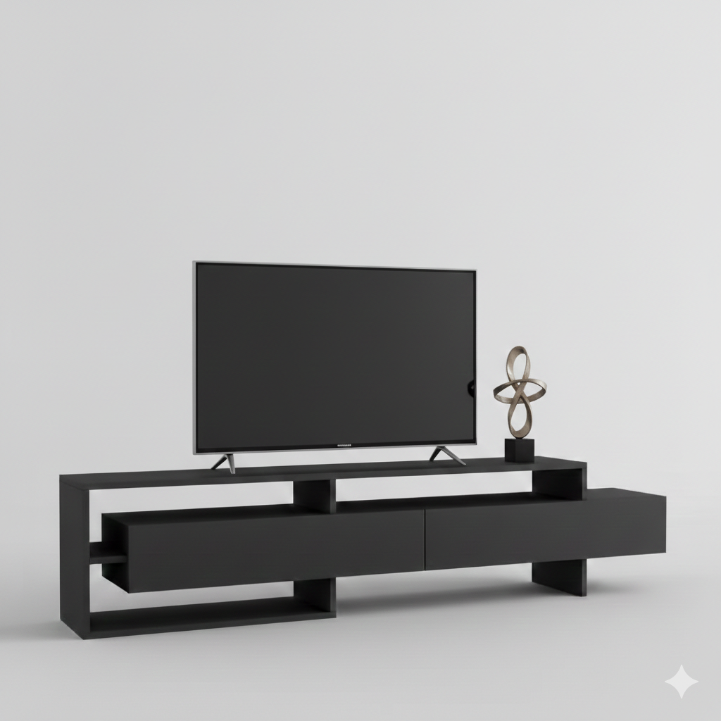 Modern black TV stand with a flat-screen TV and an abstract metallic sculpture on the right side.