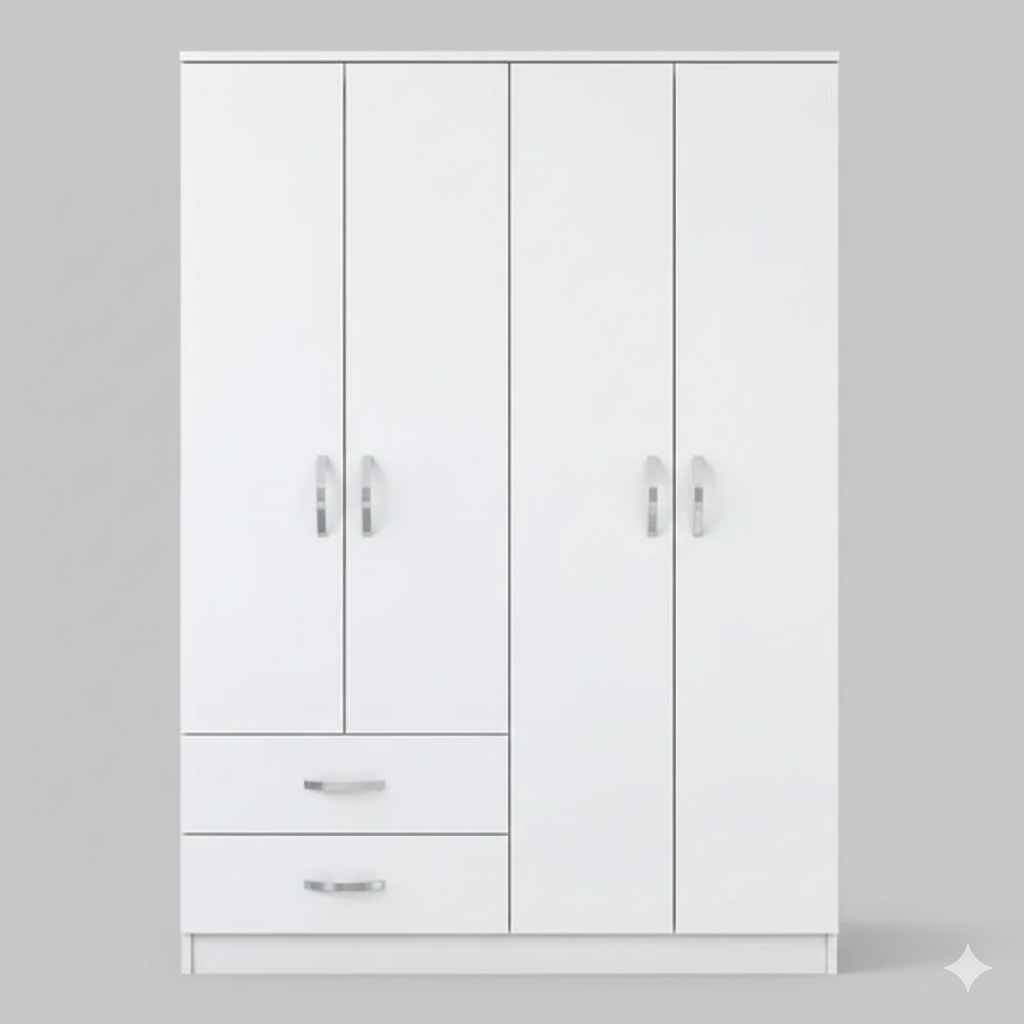 Bedroom with a wooden sliding door wardrobe reflecting part of the bed and a bedside table next to the bed with white textured wall panels.