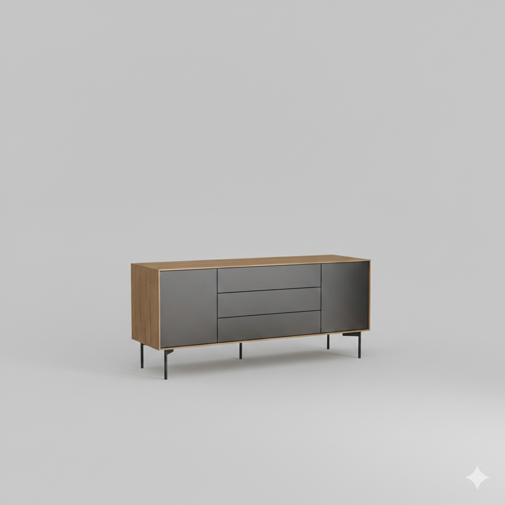 Modern sideboard with wooden frame, black drawers, and black legs on a gray background.